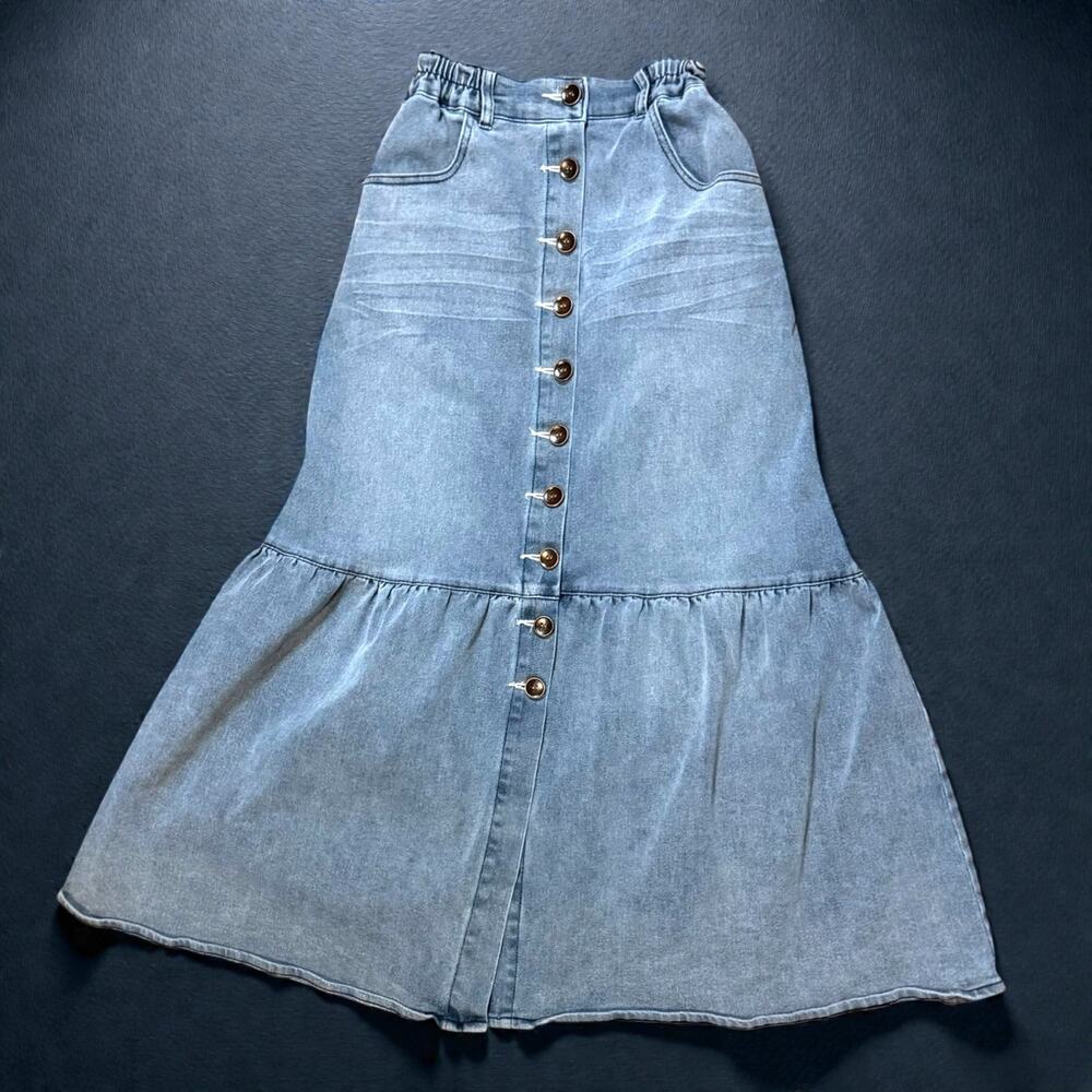 Monthorigin Denim Maxi Skirt Womens Blue Button Front Elastic Waist Approx Sz XS